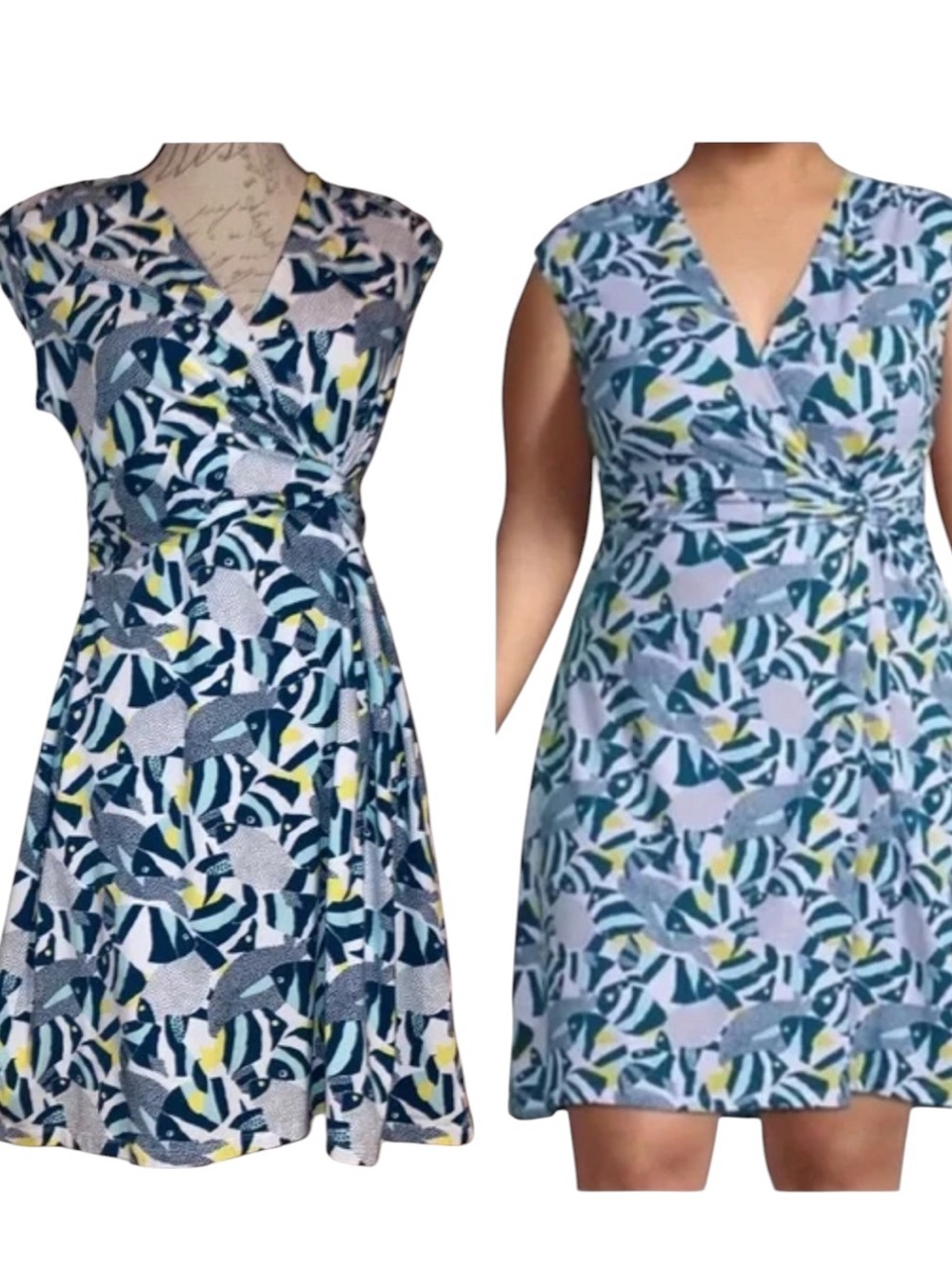 Lands' End faux wrap jersey blue and yellow angel fish print dress